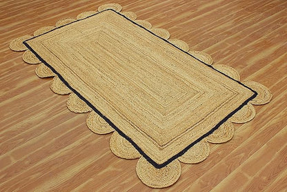 Scalloped Edge Rug, Hand Woven Natural Jute Area Rug, 4x8 Ft Beige & Black Braided Sisal Kilim Rugs for Living Room, Kitchen, Entryway, Farmhouse