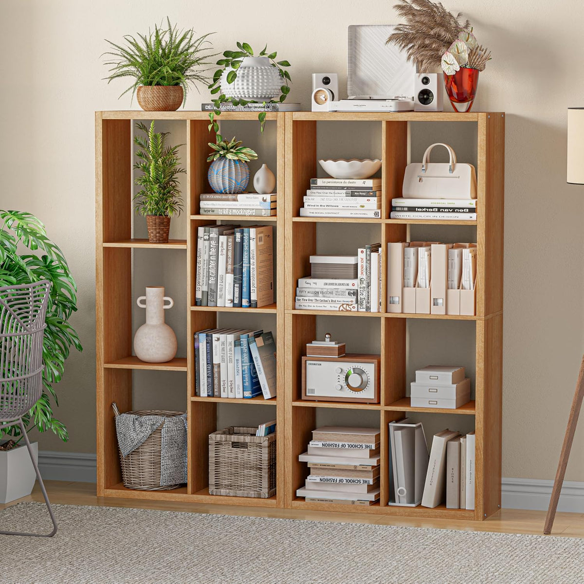 Cube Storage Organizer Bookcase, Decorative 11 inch Open Back Cubical Shelf with Thickened Border, Display Bookshelf for Living Room, Home Office, Sturdy Room (Natural Oak, 7 Cube)