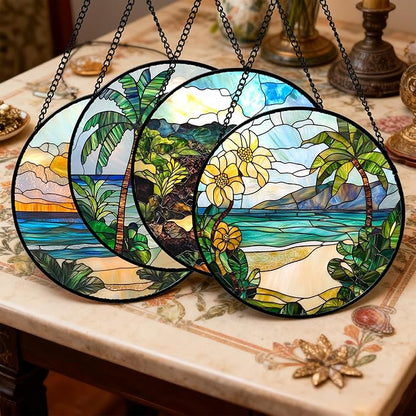 DASTOLL Stained Glass Window Hanging 4 Pcs Set Blue Ocean Coconut Tree Scenery