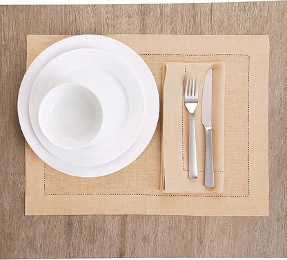Solino Home Linen Cloth Placemats Set of 6-100% Pure Linen Hemstitch Beige Placemats 14 x 19 Inch - Classic Hemstitch Table Place Mats for Spring, Easter