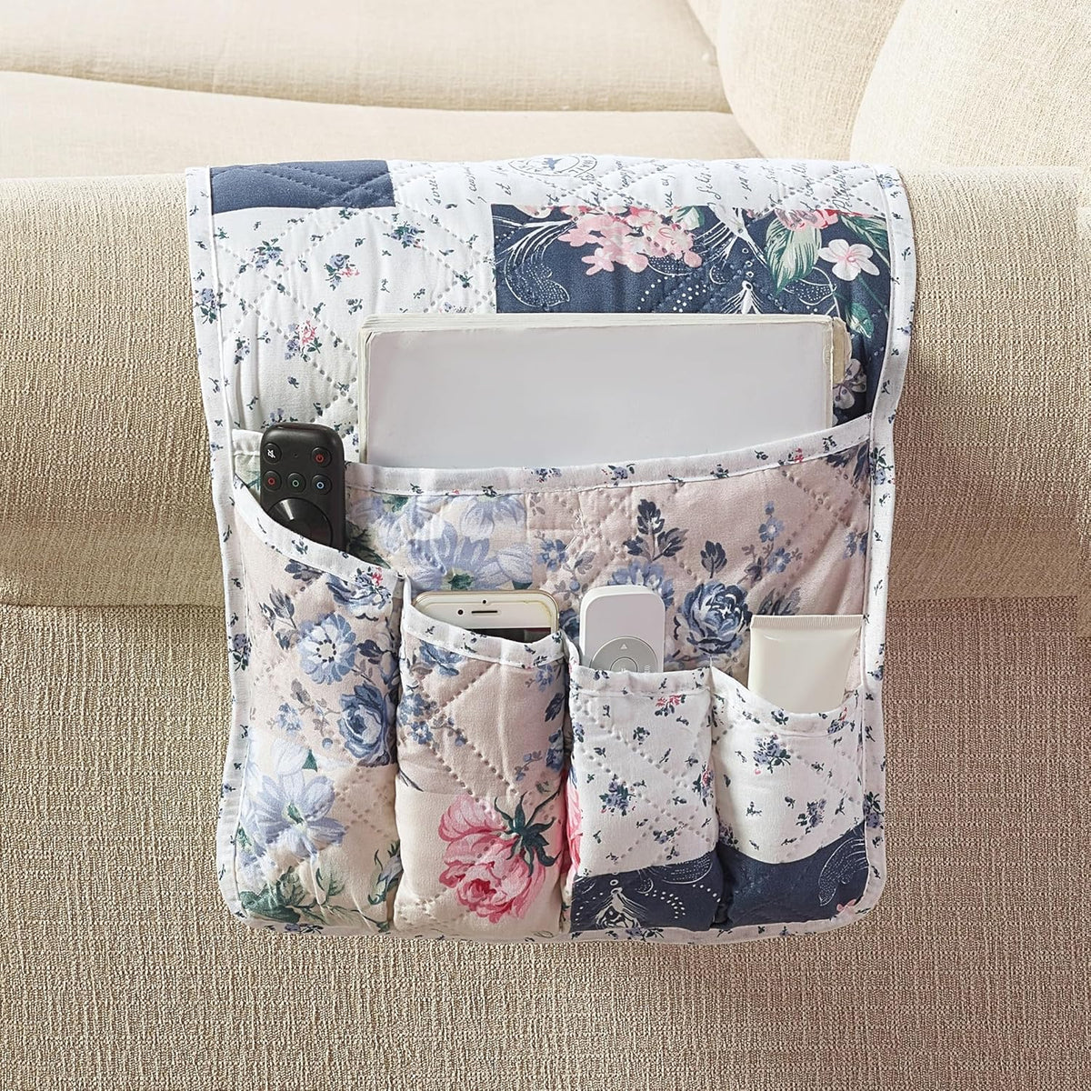 Brilliant Sunshine Roses in Beige Couch Sofa Armrest 5 Pockets Organizer, Slip Resistant Recliner Armchair Caddy, Washable Remote Controls Holder, Storage for Magazine, Phone, 35×13", Vintage Indigo