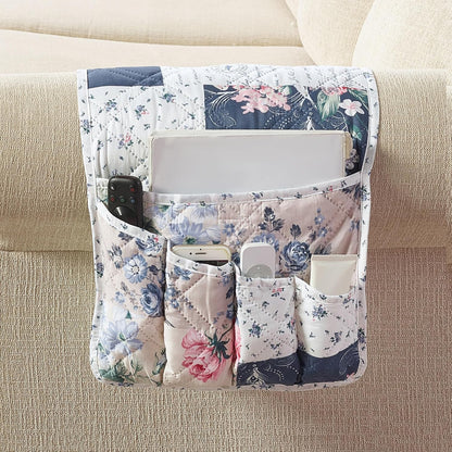 Brilliant Sunshine Roses in Beige Couch Sofa Armrest 5 Pockets Organizer, Slip Resistant Recliner Armchair Caddy, Washable Remote Controls Holder, Storage for Magazine, Phone, 35×13", Vintage Indigo