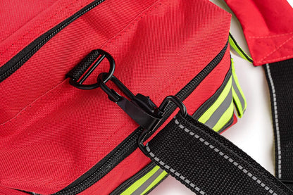 Scherber First Responder Fully-Stocked Professional Essentials EMT/EMS Trauma Kit | HSA/FSA Approved | Reflective Bag w/8 Zippered Pockets & Compartments & 200+ First Aid Supplies - Red