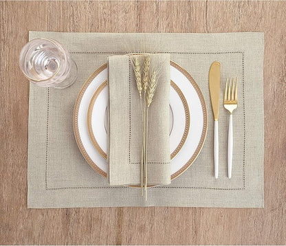 Solino Home Linen Placemats Set of 4 - Classic Hemstitch Natural Placemats 14 x 19 Inch - 100% Pure Linen Table Mats for Spring, Easter