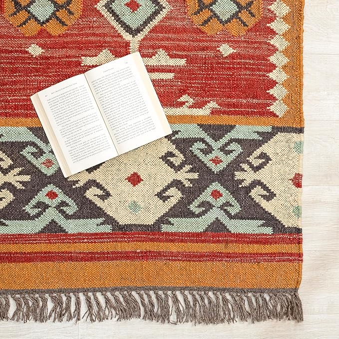 Jute Traditional Kilim Rug Boho Flatweave Area Rug for Living Room, Living Room Entryway, Tribal Series, 2'x14'